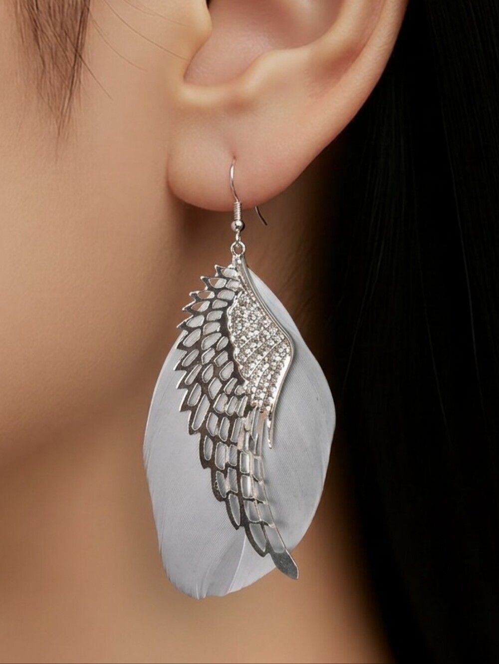 Silver Angel Wing Feather Earrings White Dangle Celestial Boho Statement Jewelry